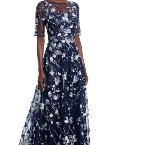 Teri Jon by Rickie Freeman Navy with Silver Floral Floor Length Dress, size 6 - Picture 1 of 7